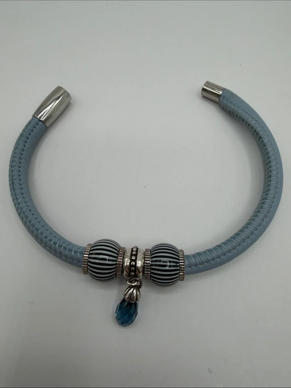 Brighton Pale Blue MdLg WoodstockLeather Bracelet with Silver Beads and Teardrop